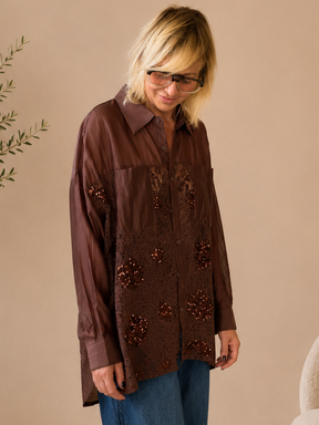 Camicia Oversize Organza Bordeaux Pizzo Paillettes Floreale
