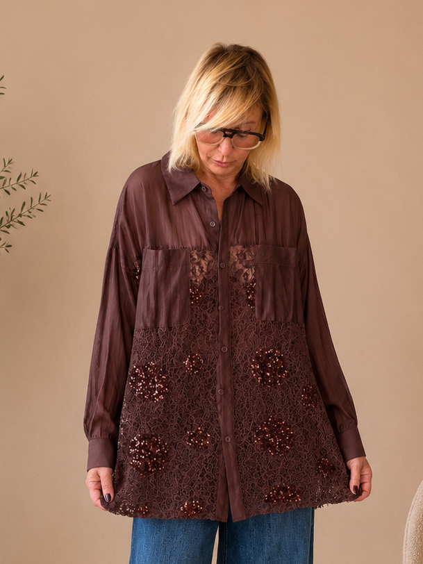 Camicia Oversize Organza Bordeaux Pizzo Paillettes Floreale