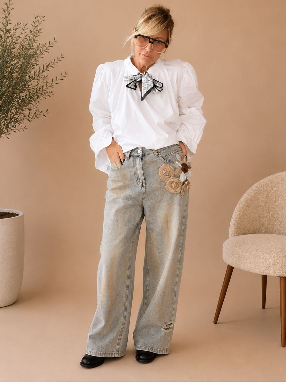 Jeans Wide Leg Denim Chiaro Rose 3D Applicate Fianco