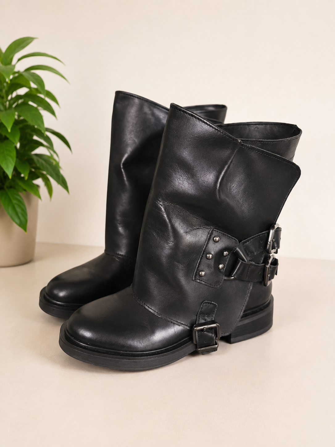 Biker Boots Neri | Doppia Fibbia Argentata | Borchie