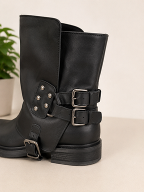 Biker Boots Neri | Doppia Fibbia Argentata | Borchie