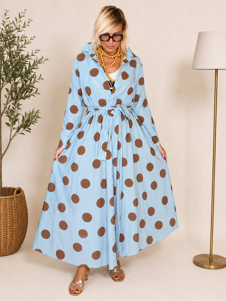 Abito Maxi Chemisier a Pois Maxi | Celeste/Marrone | 2 Colori