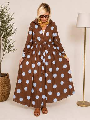 Abito Maxi Chemisier a Pois Maxi | Celeste/Marrone | 2 Colori