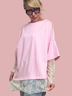 T-Shirt Over con Inserto in Pizzo