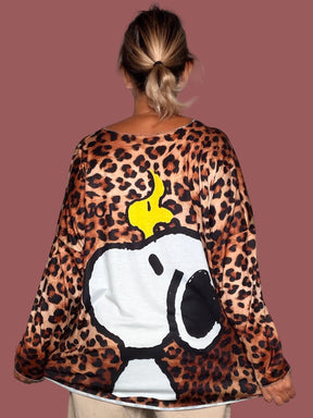 T-shirt Leopardata con Maxi Stampa Cartoon
