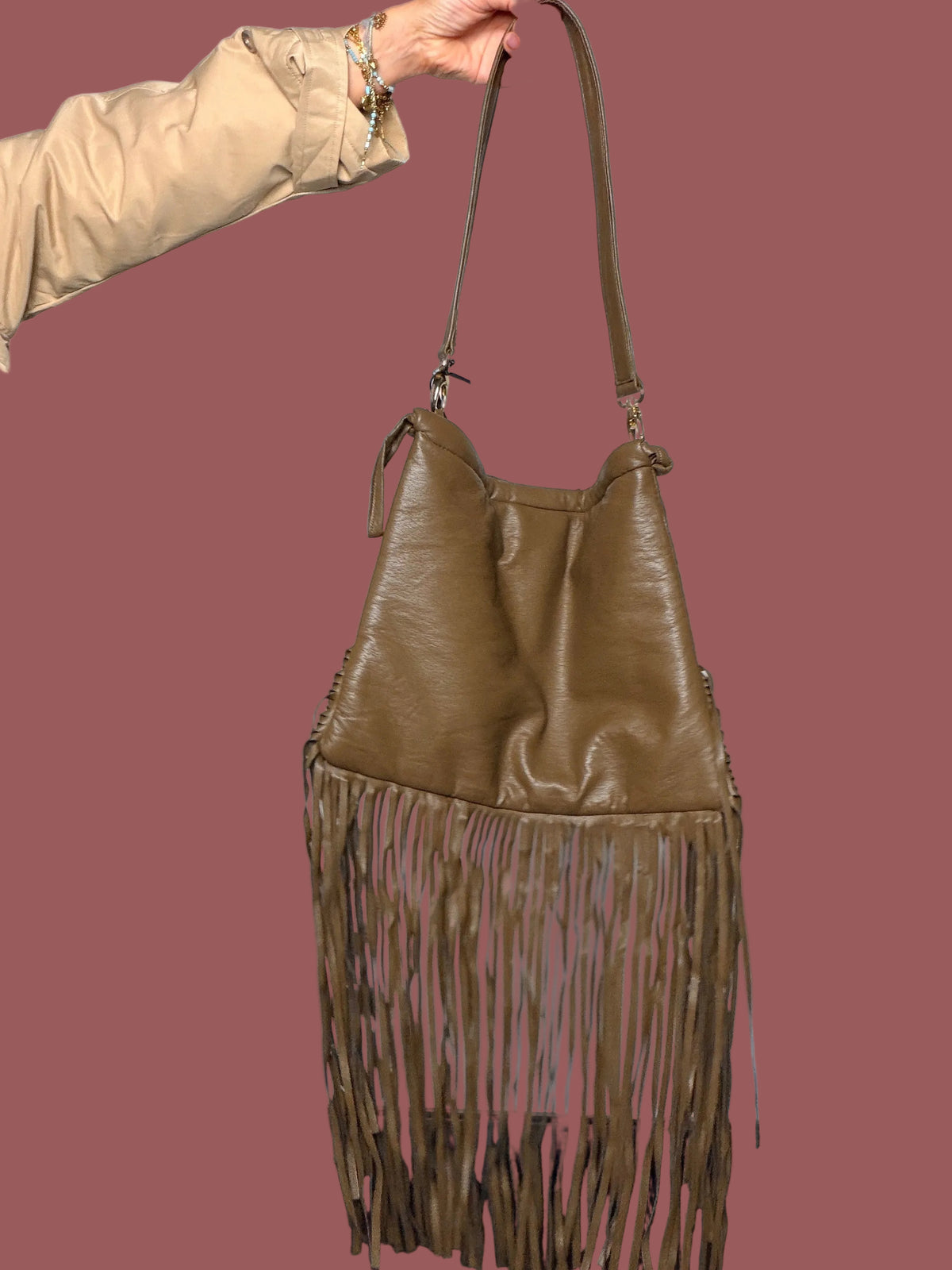 Borsa Bucket Frange Ecopelle Tabacco