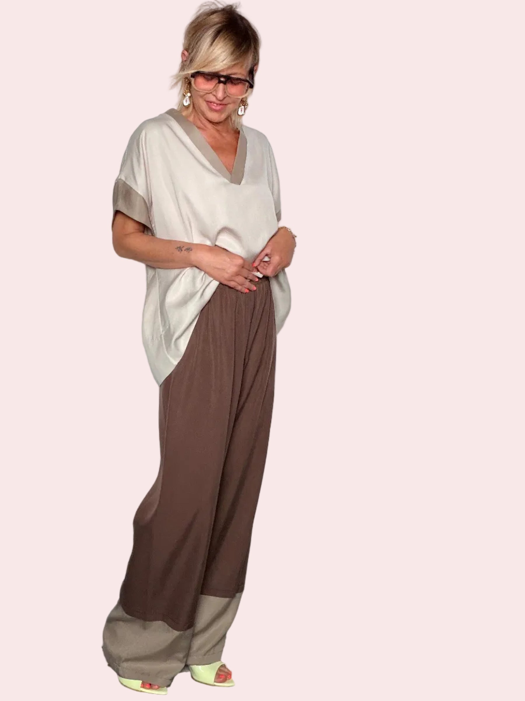 Pantalone Palazzo Wide Leg Bicolor con Fascia a Contrasto