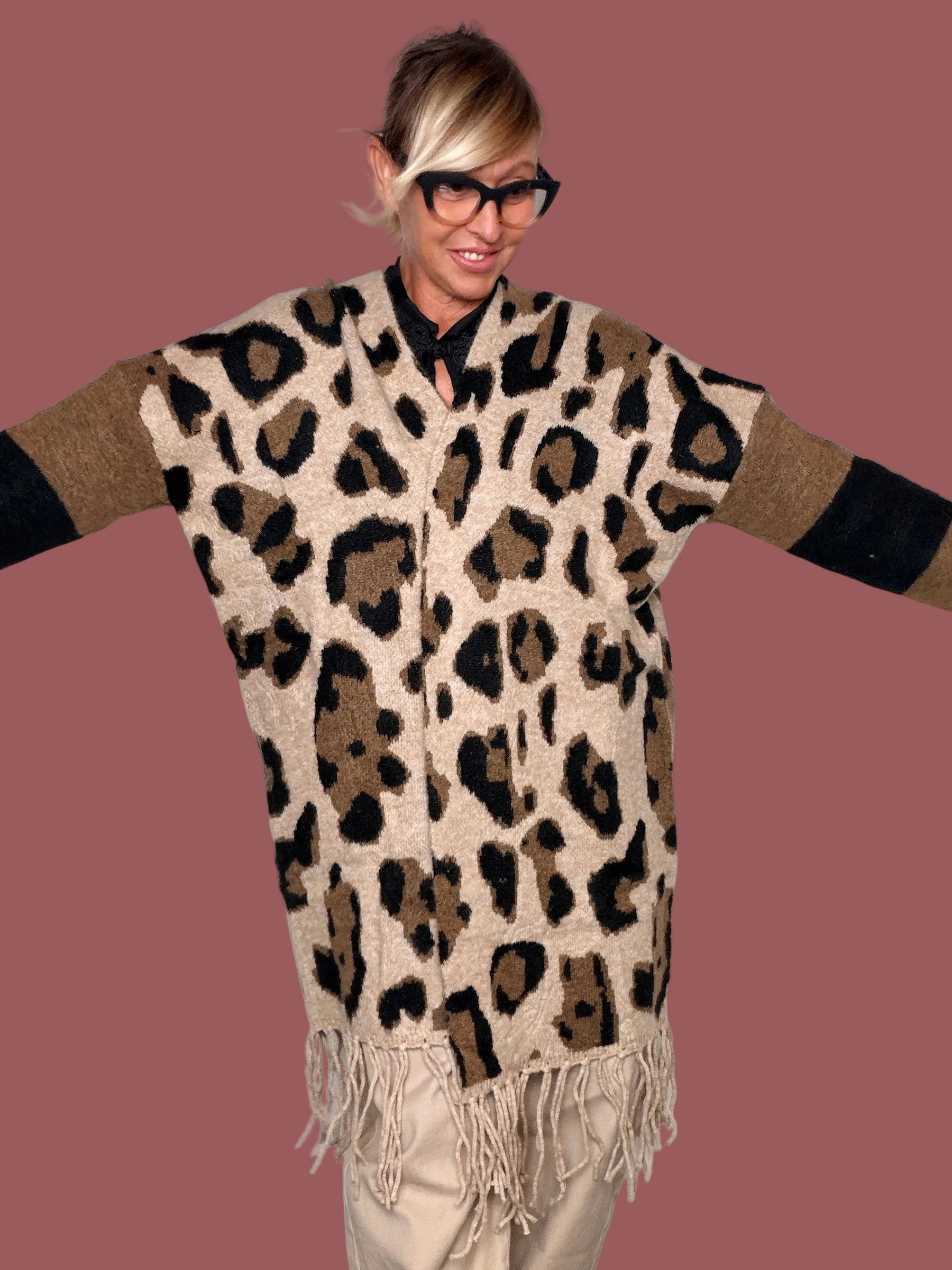 Cardigan Lungo Animalier con Frangia Susy Star
