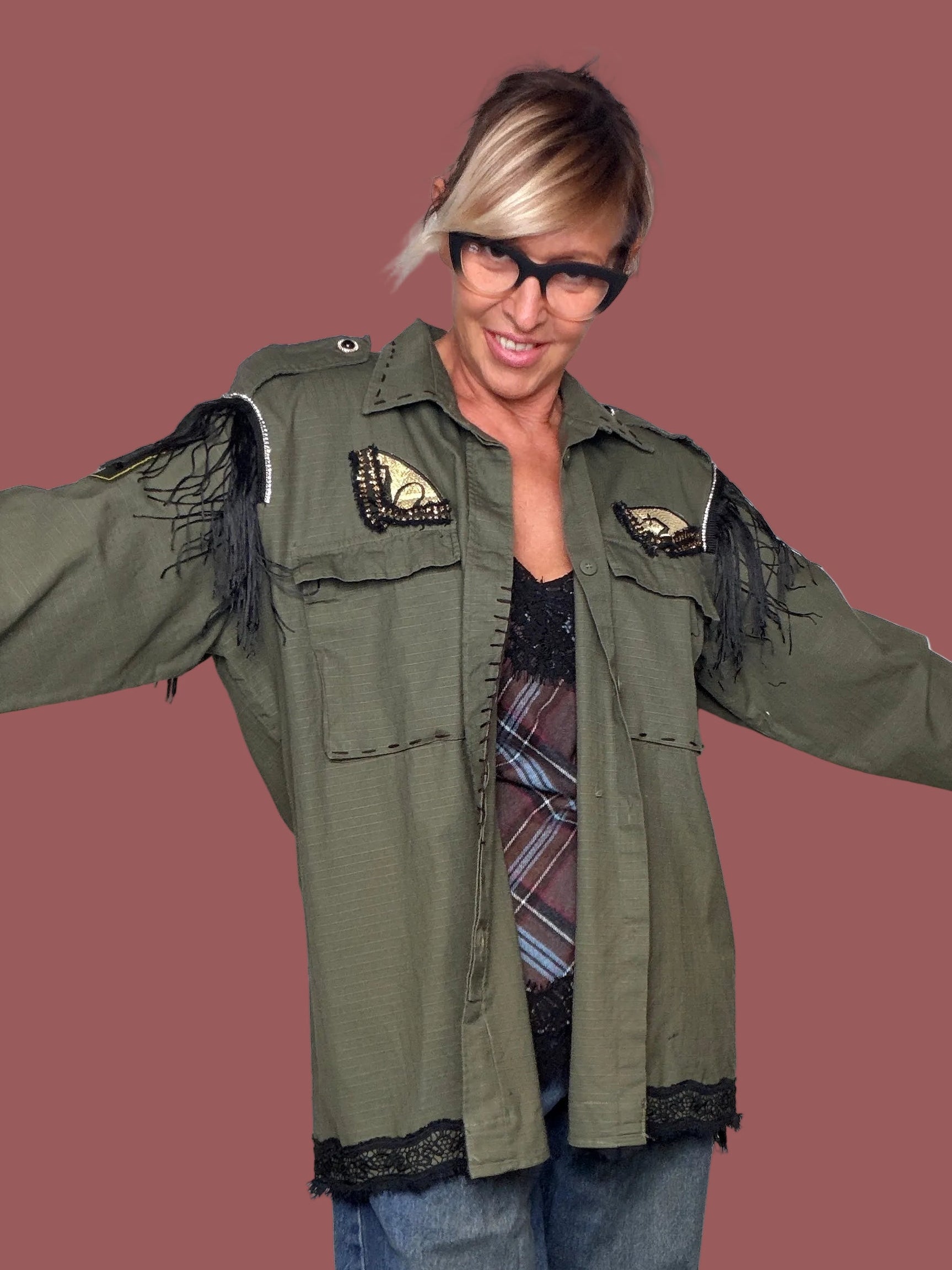 Giacca Militare Verde con Frangie e Pizzo Nero