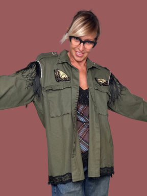 Giacca Militare Verde con Frangie e Pizzo Nero