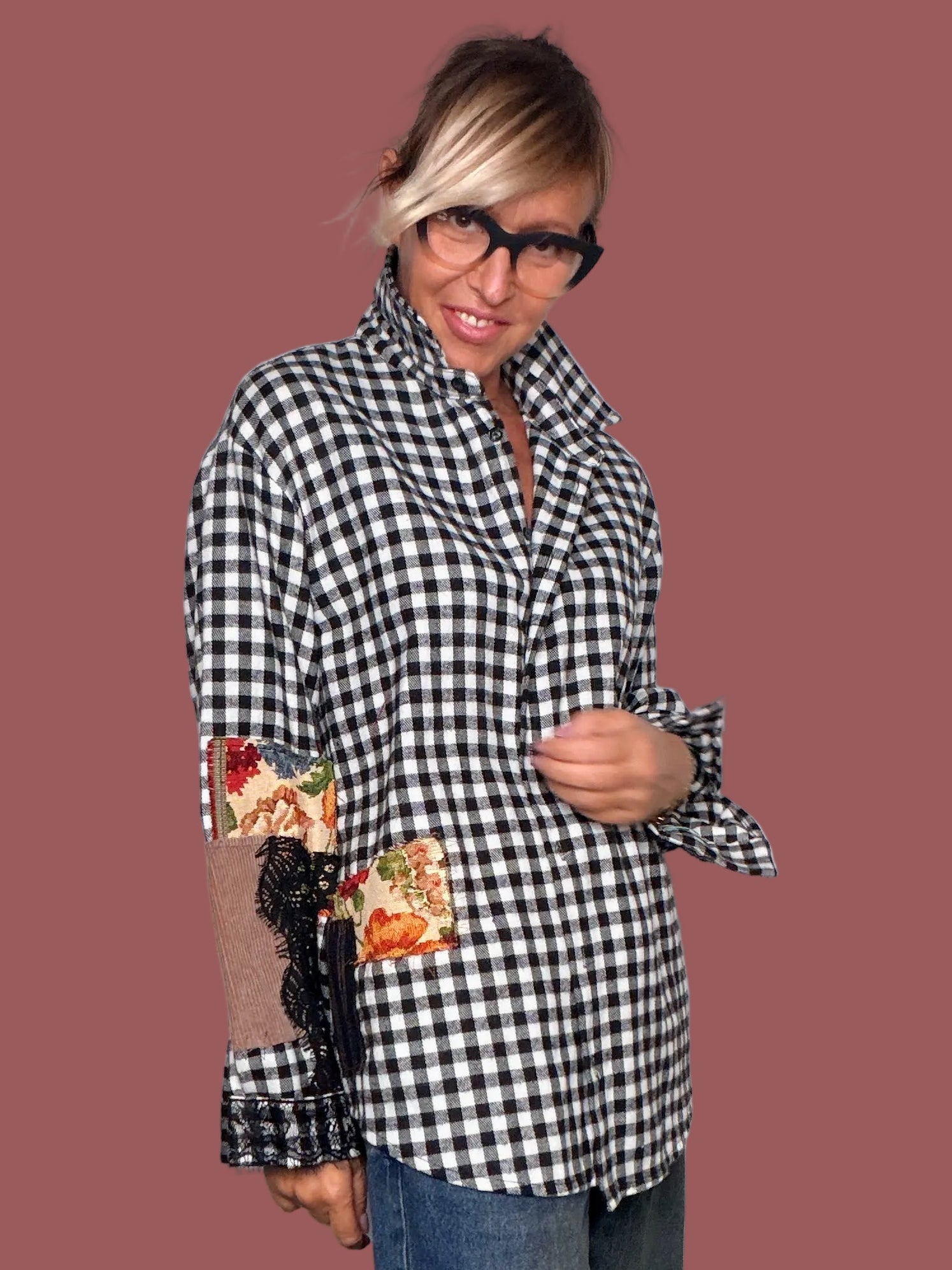 Camicia a Quadri Vichy Rossa con Inserti Decorativi