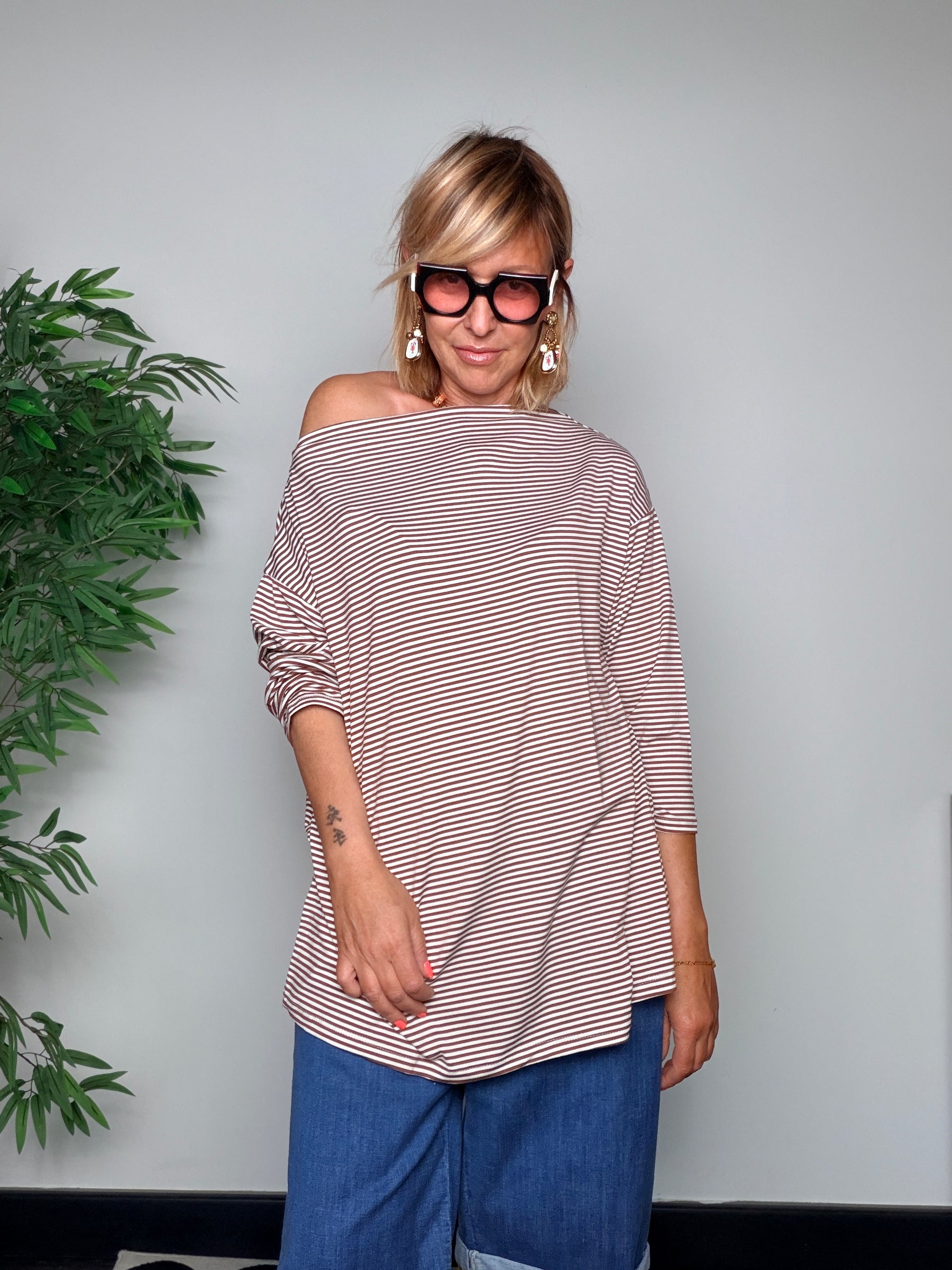 Maglia Over a Righe Scollo Barca