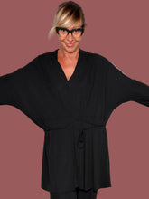 Abito Camicia Fluida Nero con Lacci in Vita e Maniche Ampie