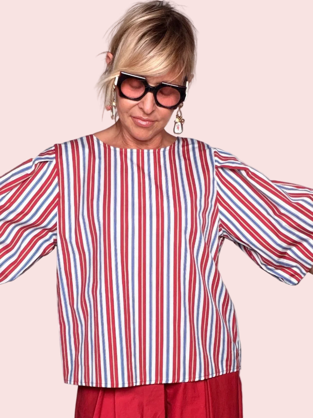 Blusa a Righe con Maniche a Palloncino
