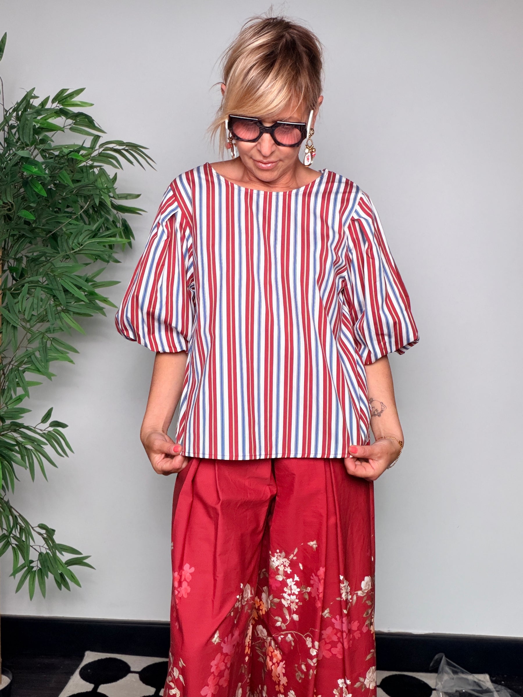 Blusa a Righe con Maniche a Palloncino