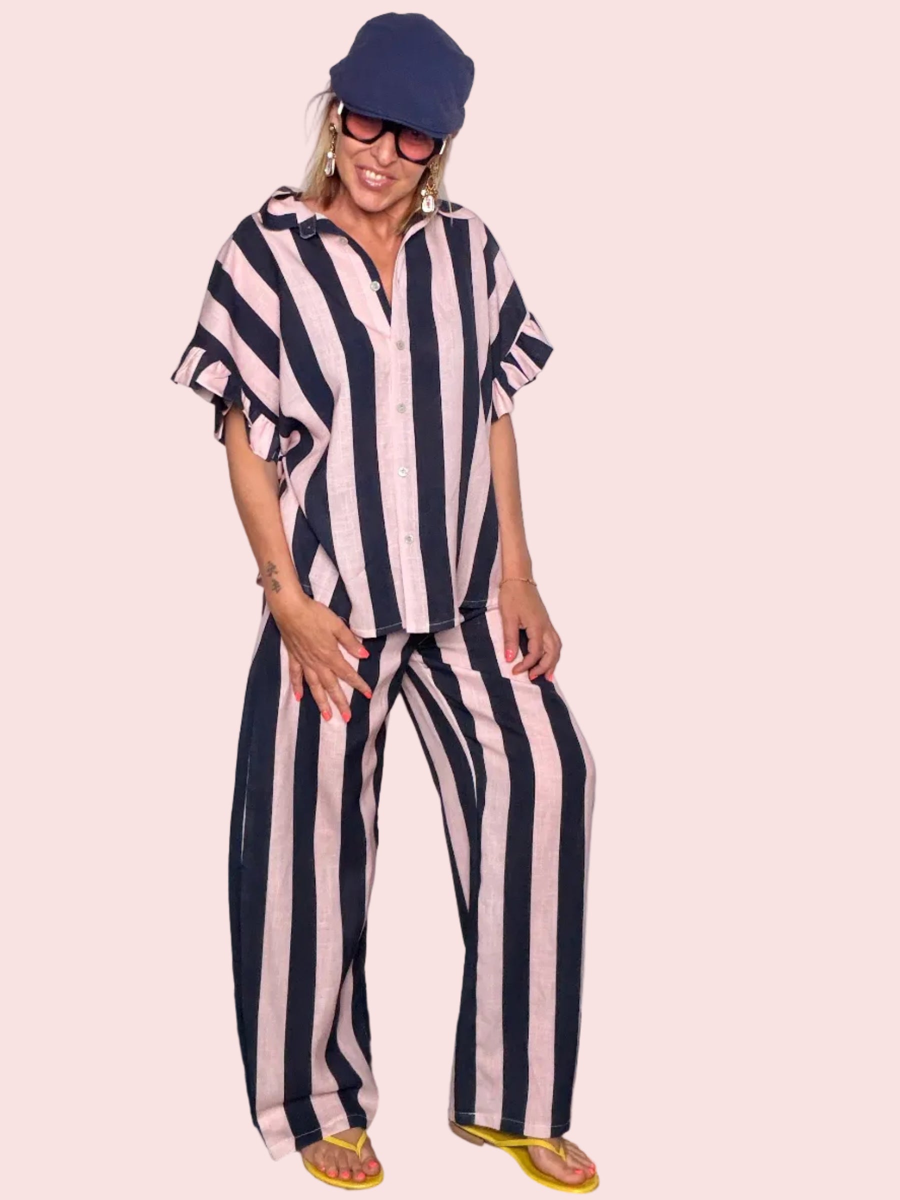 Coordinato a Righe Camicia e Pantalone Palazzo