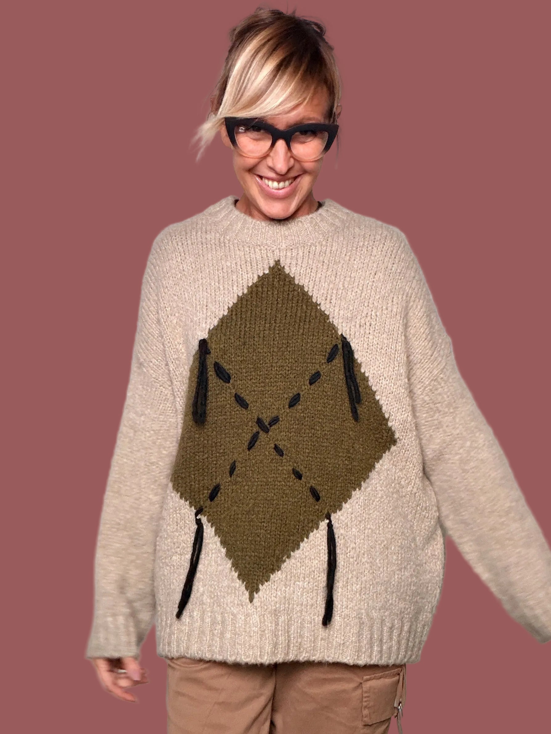 Maglia a rombi beige e militare Le Streghe