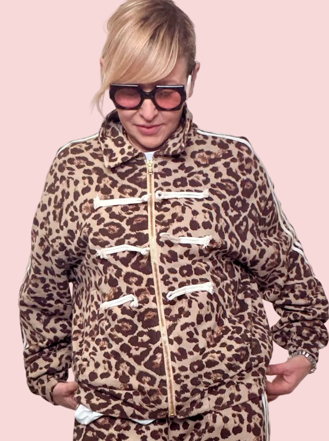 Felpa con Zip Leopardata Beige e Marrone