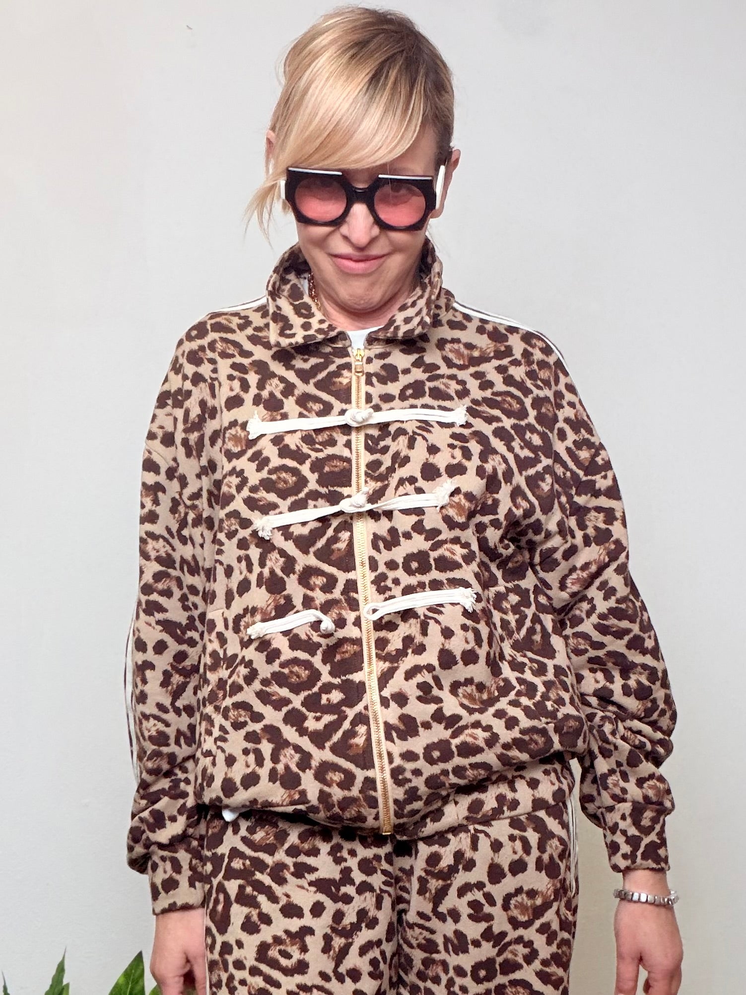 Felpa con Zip Leopardata Beige e Marrone