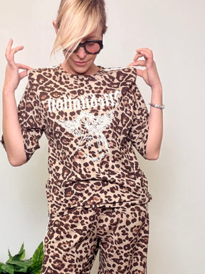 T-Shirt Leopardata Rock'n'Roll con Aquila e Bande Laterali