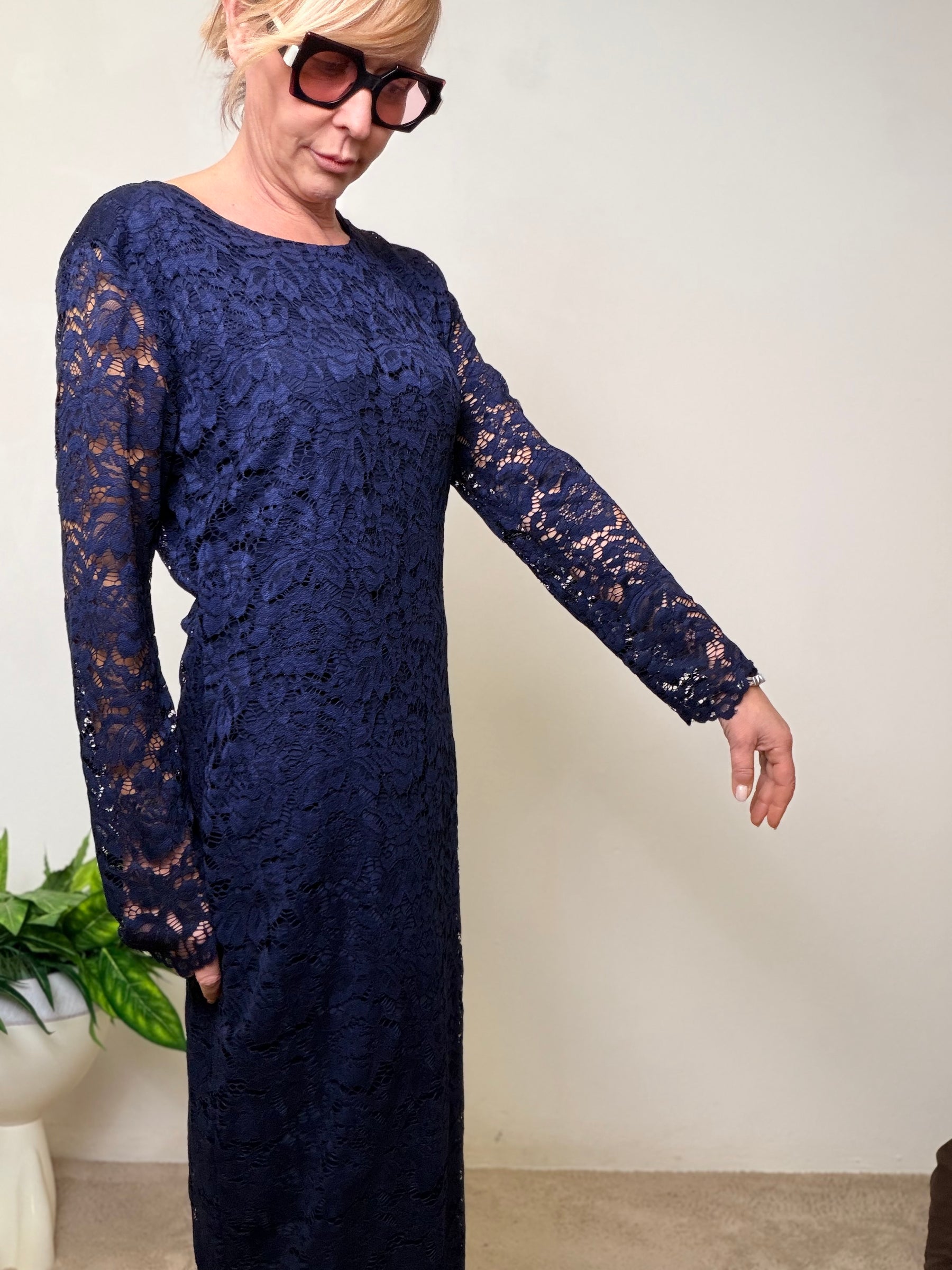 Abito Lungo Verde Militare con Stampa Effetto Pizzo