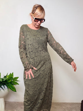 Abito Lungo Verde Militare con Stampa Effetto Pizzo