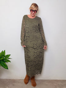 Abito Lungo Verde Militare con Stampa Effetto Pizzo