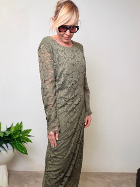Abito Lungo Verde Militare con Stampa Effetto Pizzo