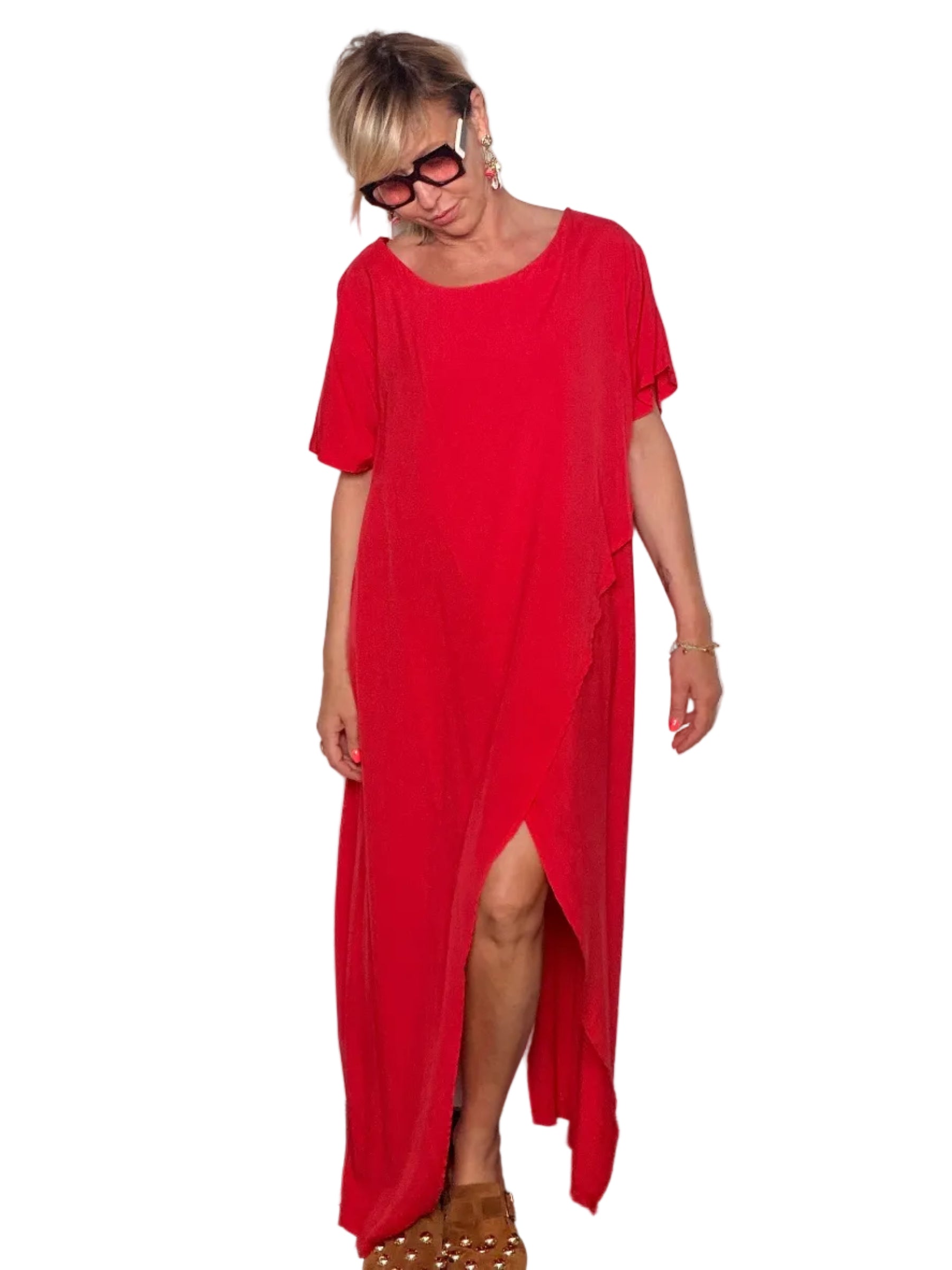 Maxi Dress Rosso con Drappeggio Asimmetrico