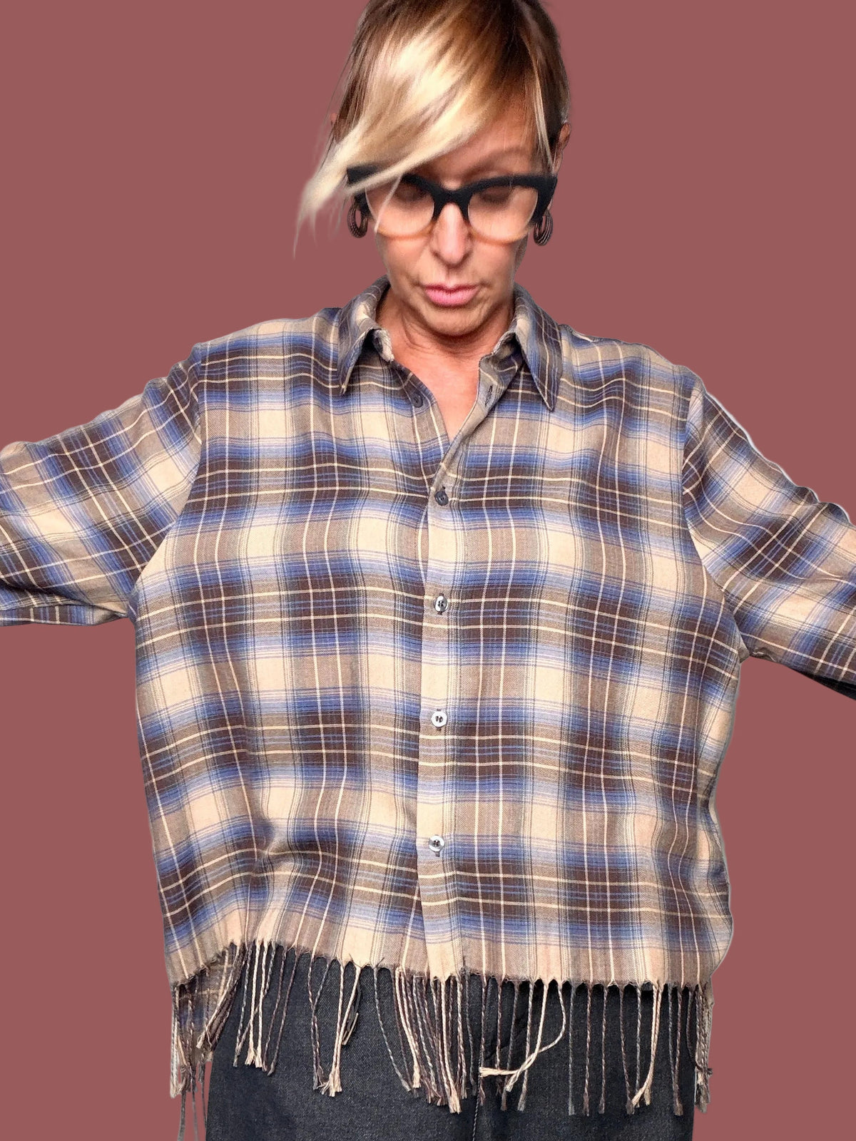 Camicia a Quadri Beige e Viola con Frange