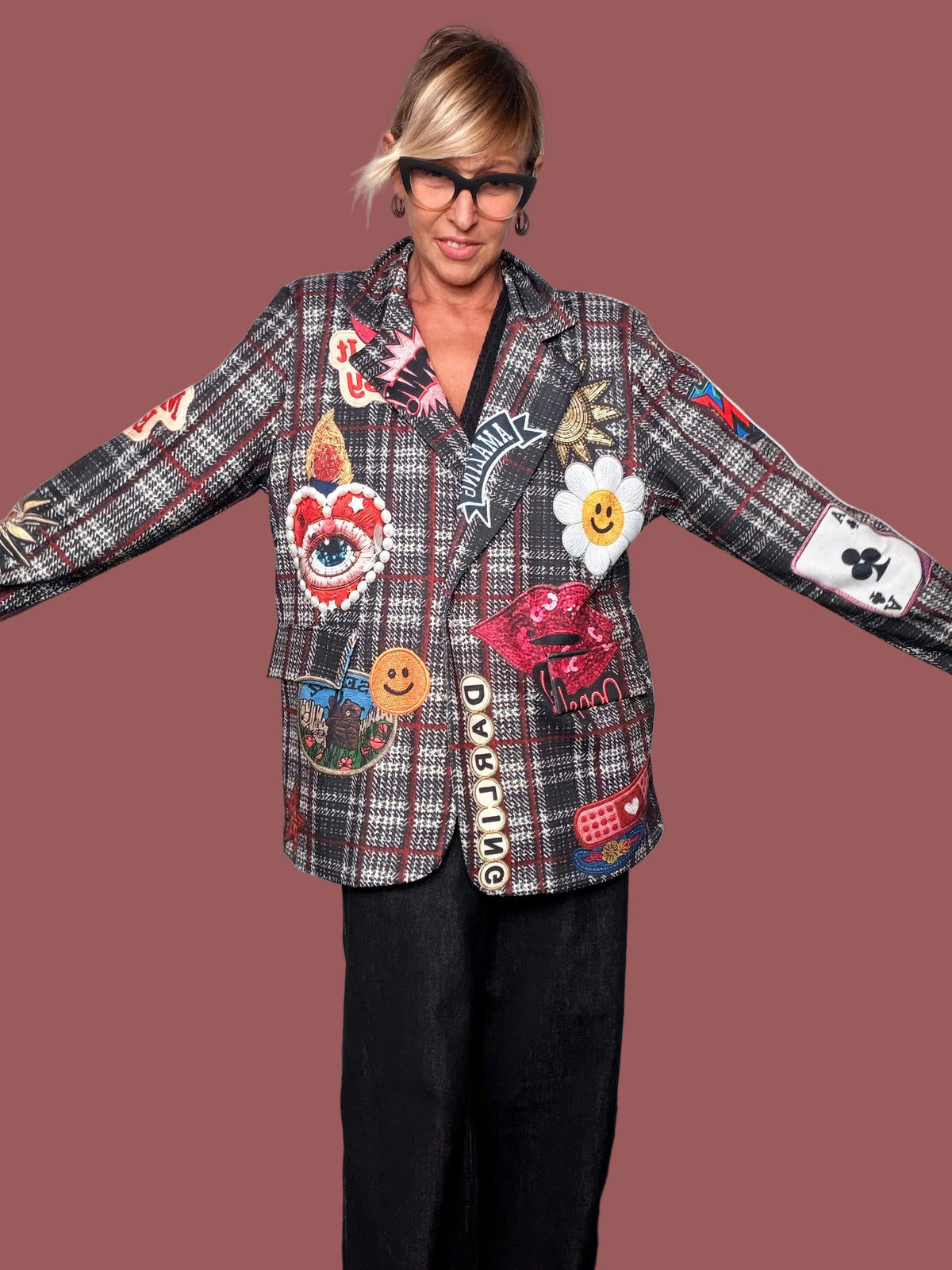 Giacca Blazer a Quadri con Grafiche Decorative