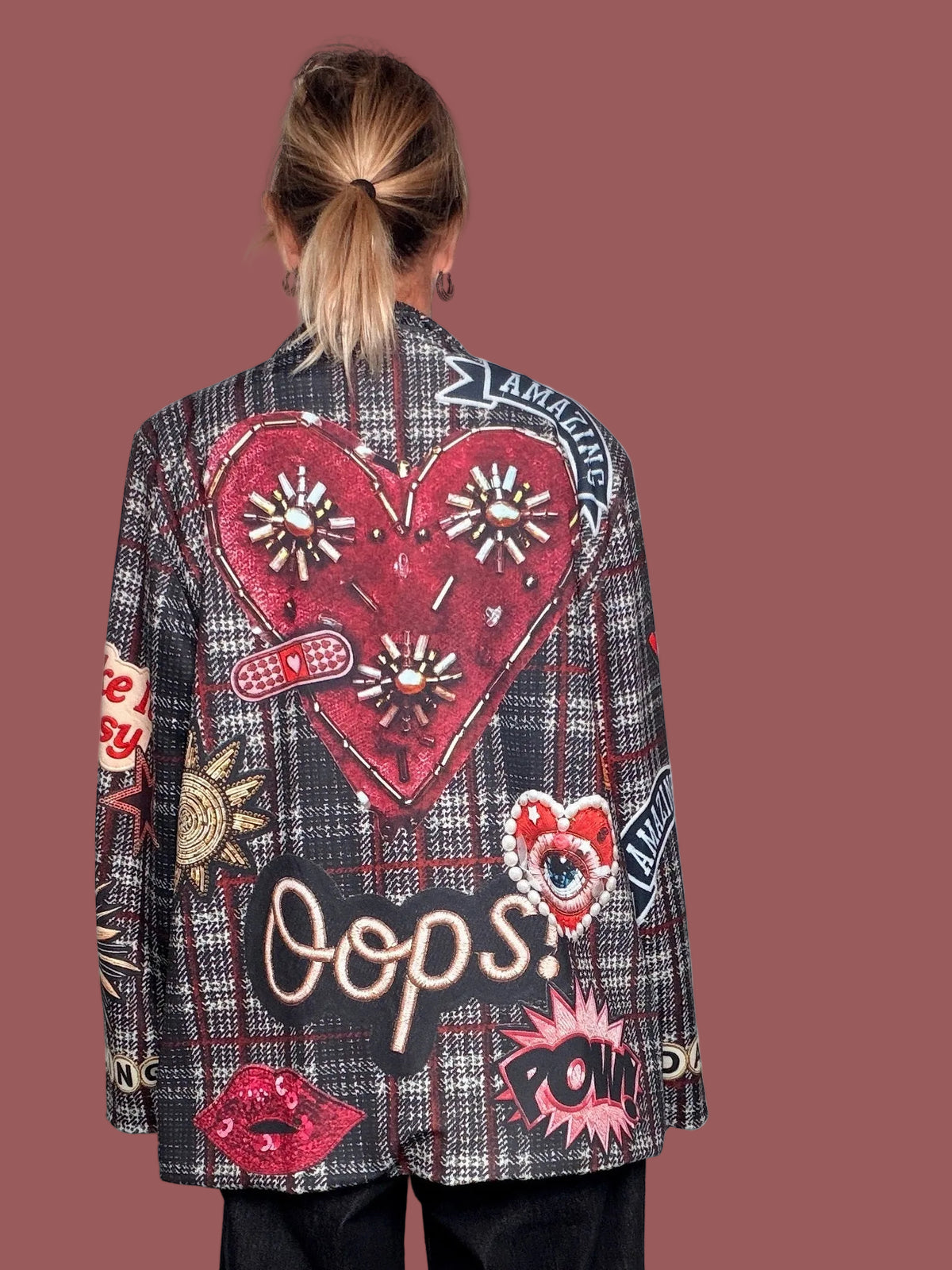 Giacca Blazer a Quadri con Grafiche Decorative