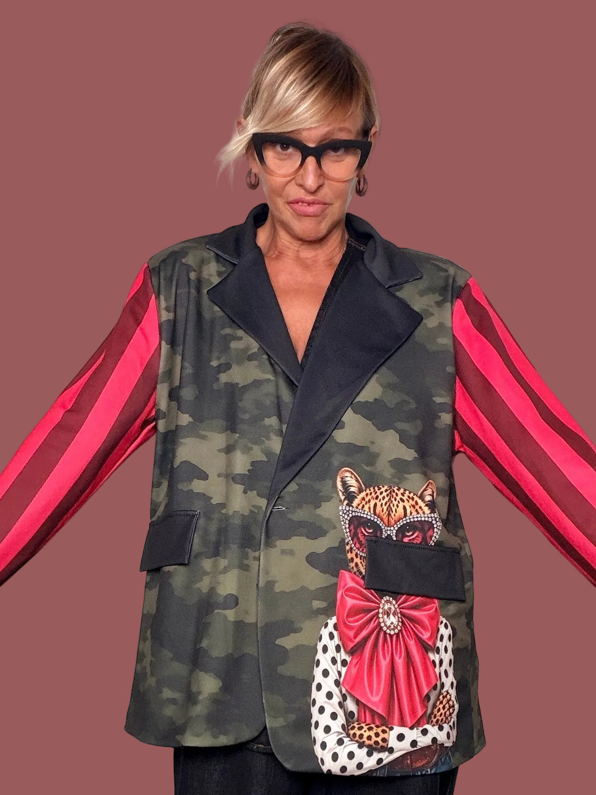 Giacca Blazer a Quadri con Grafiche Decorative