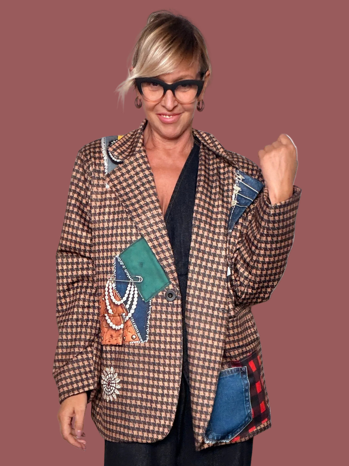 Giacca Blazer a Quadri con Grafiche Decorative