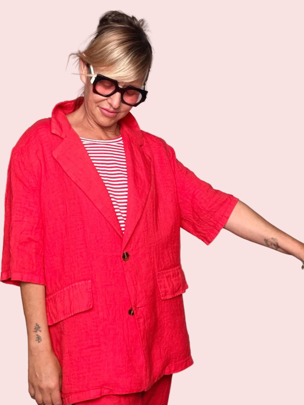 Giacca Blazer Lino Oversize — Rossa / Bianca