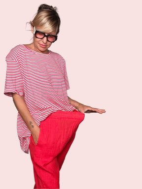 Pantalone Lino Elastico Vita — Rosso / Bianco