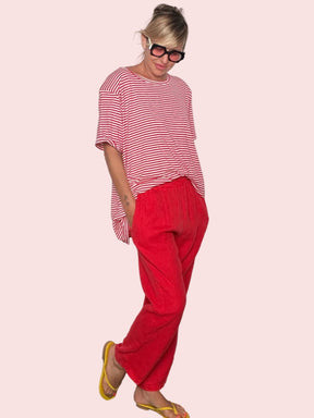 Pantalone Lino Elastico Vita — Rosso / Bianco