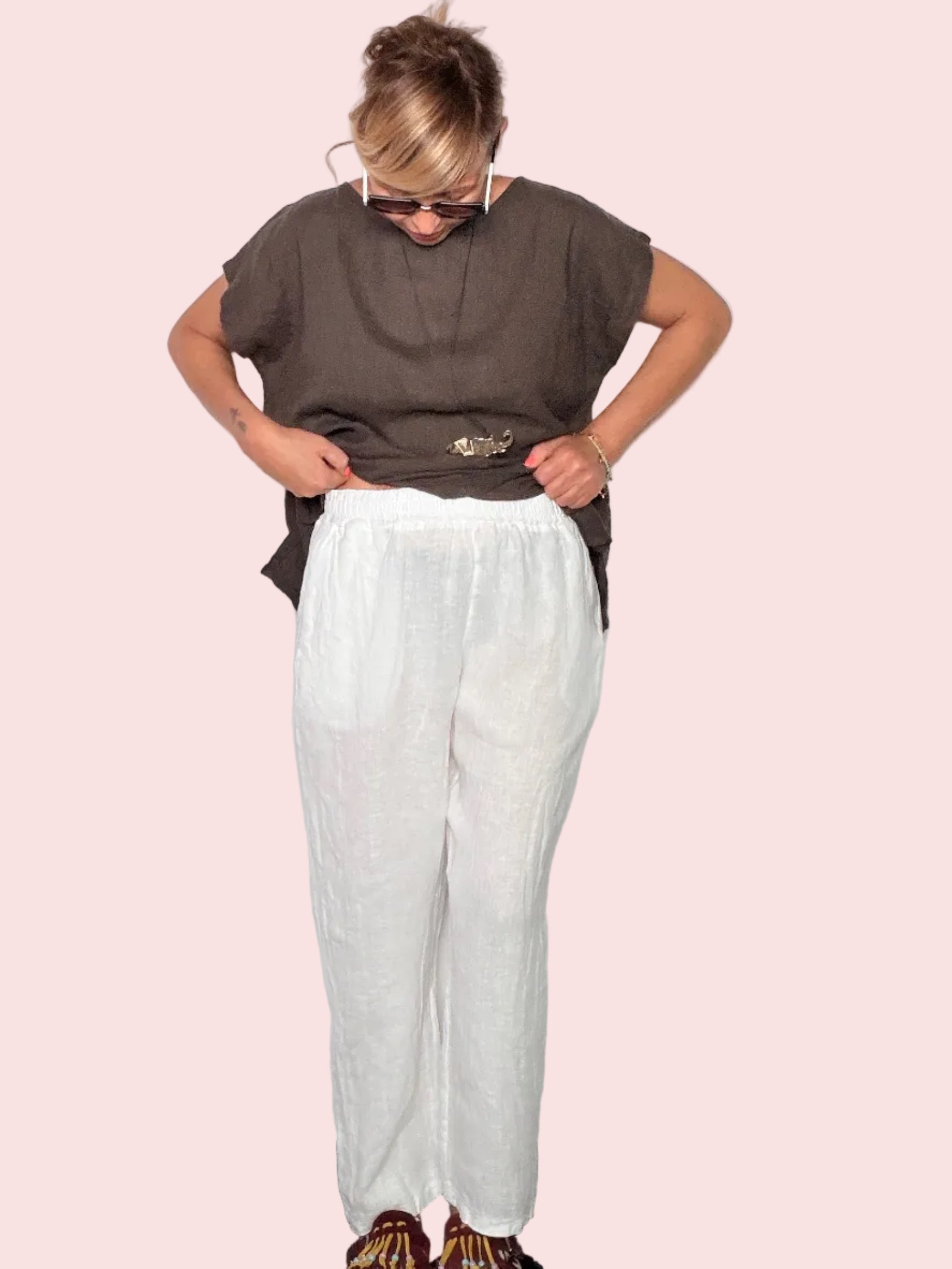 Pantalone Lino Elastico Vita — Rosso / Bianco