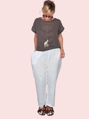 Pantalone Lino Elastico Vita — Rosso / Bianco