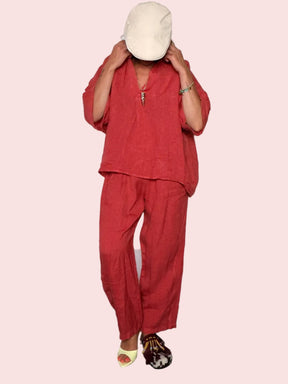 Completo Lino Top e Pantalone — Cioccolato / Rosso