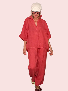 Completo Lino Top e Pantalone — Cioccolato / Rosso