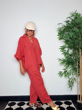 Completo Lino Top e Pantalone — Cioccolato / Rosso