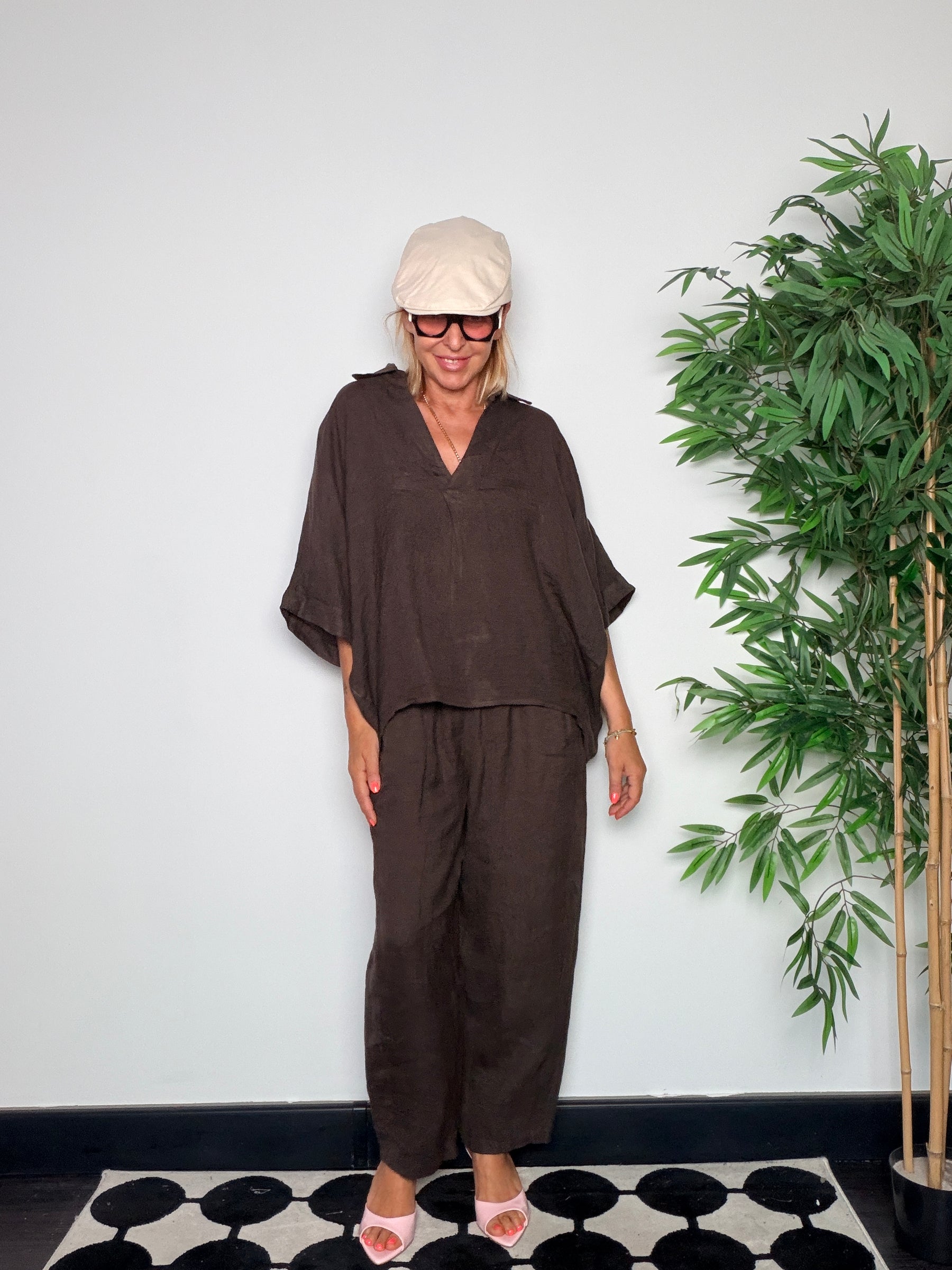 Completo Lino Top e Pantalone — Cioccolato / Rosso