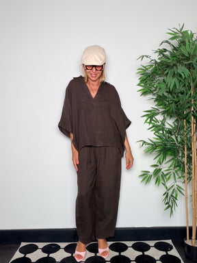 Completo Lino Top e Pantalone — Cioccolato / Rosso