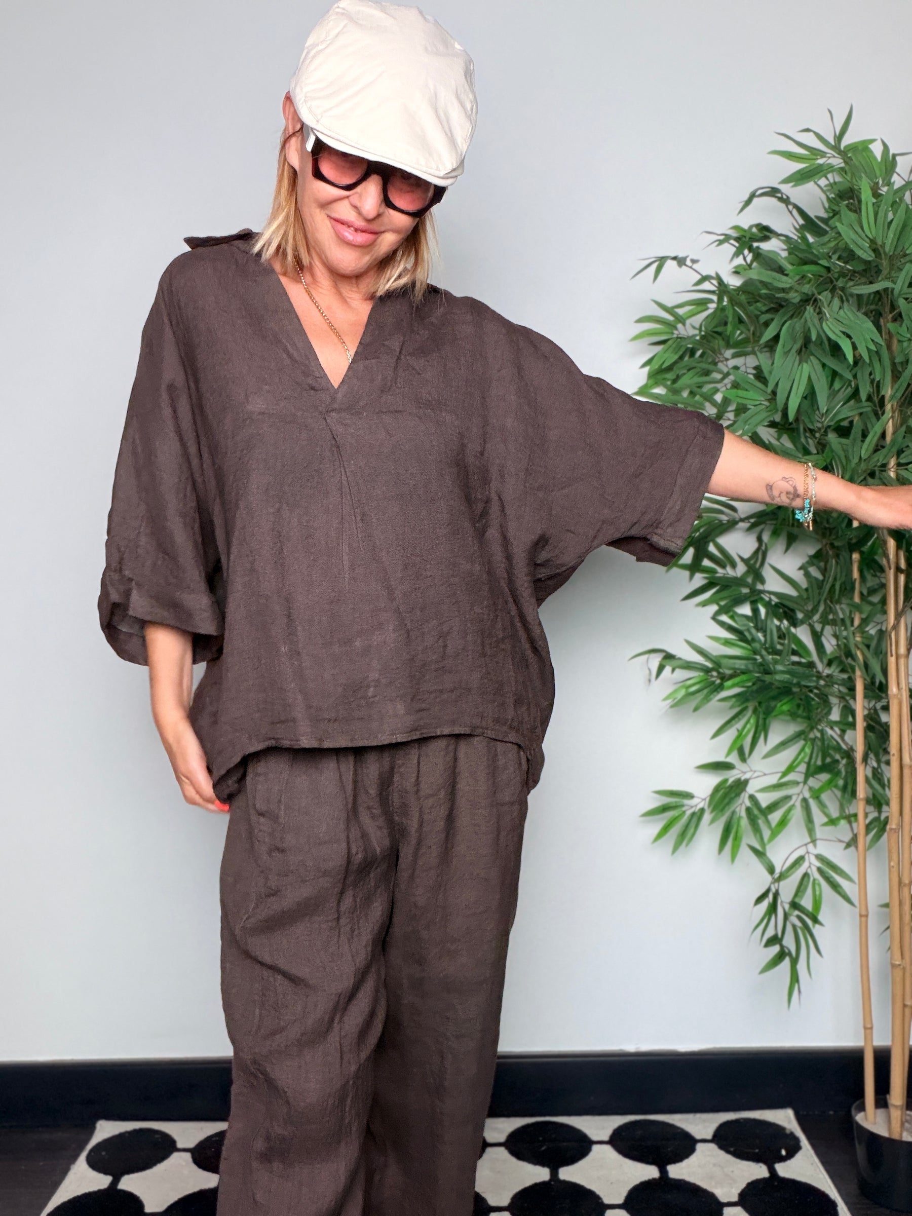 Completo Lino Top e Pantalone — Cioccolato / Rosso