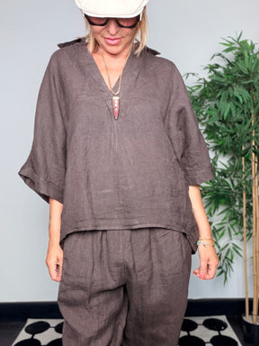 Completo Lino Top e Pantalone — Cioccolato / Rosso
