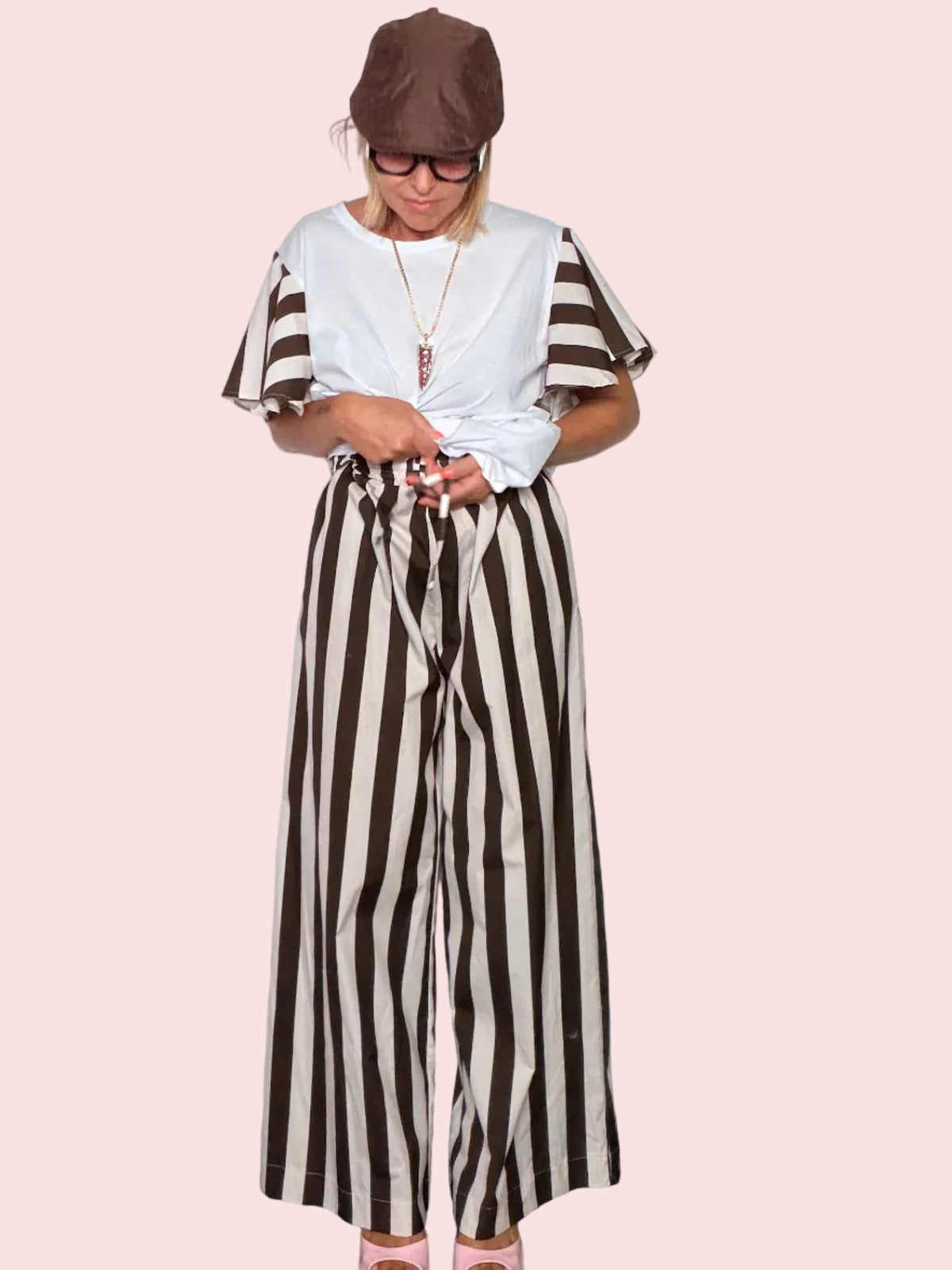 Pantalone a Righe Wide Leg Coulisse — Cioccolato/Panna