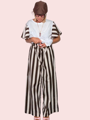 Pantalone a Righe Wide Leg Coulisse — Cioccolato/Panna