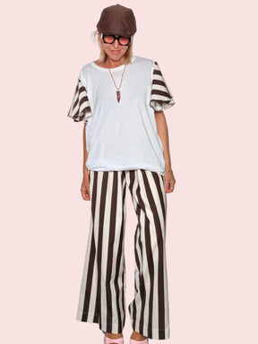 T-Shirt Oversize Bianca Maniche a Righe Cioccolato