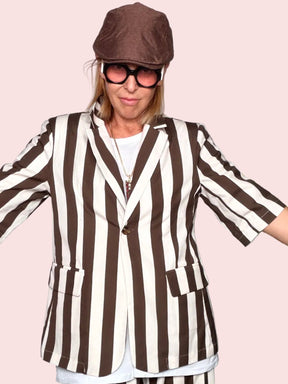 Giacca Blazer a Righe Maniche Corte — Cioccolato/Panna